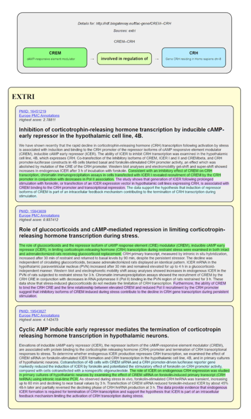 Figure 7: CREM-CRH landing page. The top panel shows the source (ExTRI), and the bottom panel shows three abstracts each with several highlighted sentences that are part of the ExTRI TRI corpus.